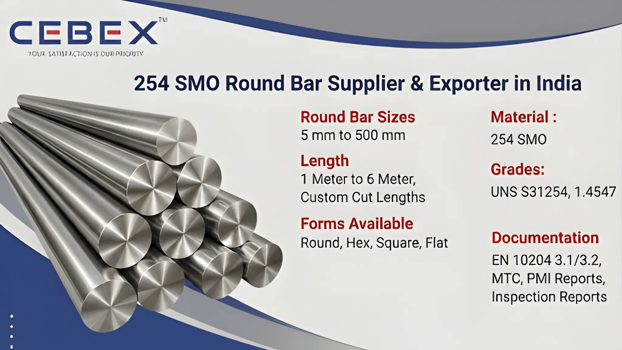 254 SMO Round Bar Supplier & Exporter in India &ndash; ASTM A276 UNS S31254 254 SMO Bars | Cebex Steel India
