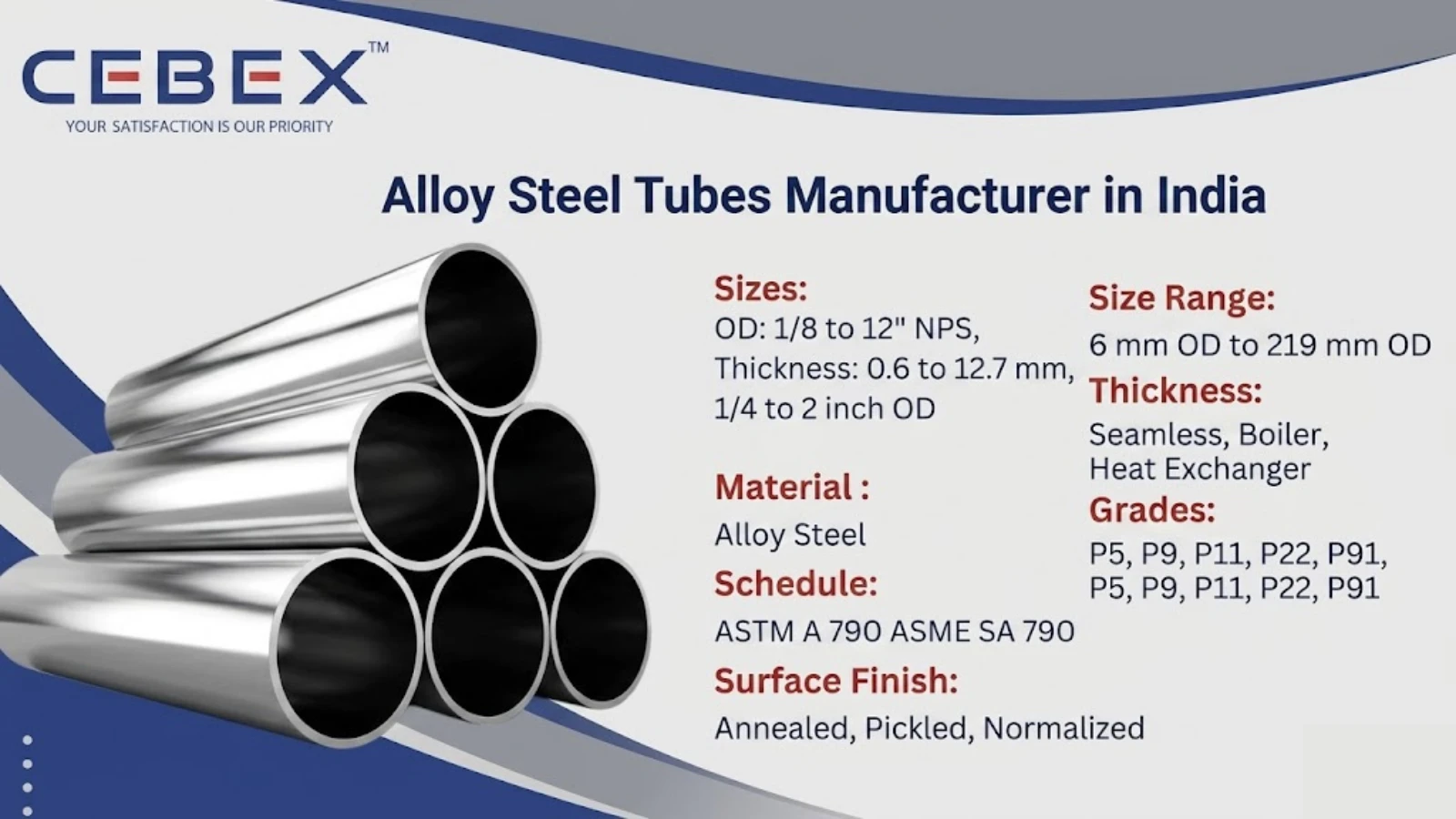 Alloy Steel Tubes Manufacturer in India – ASTM A213 A335 P11 P22 P91 Tubes | Cebex Steel India