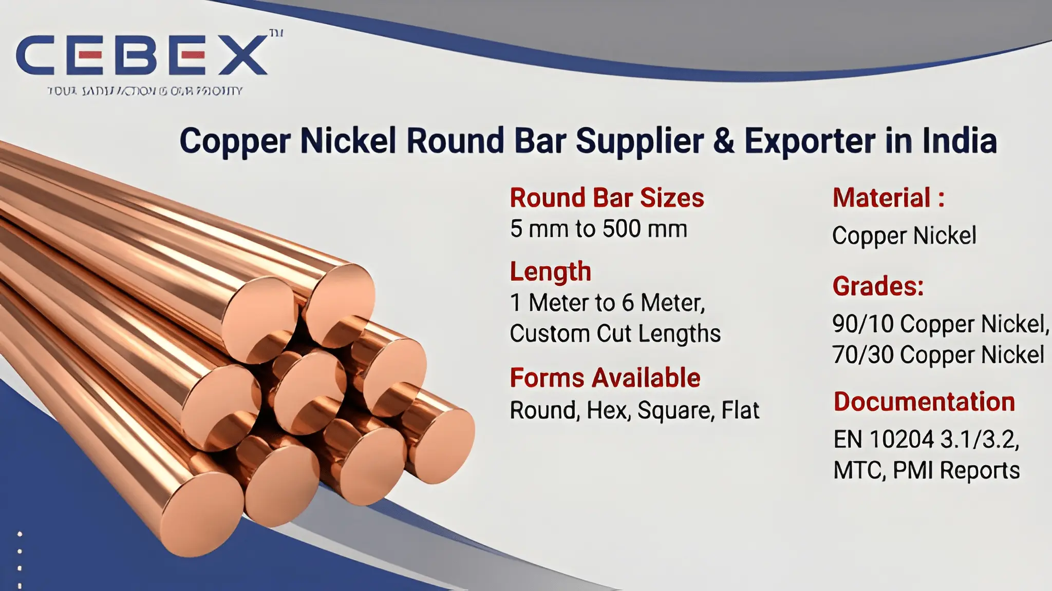 Copper Nickel Round Bar Supplier & Exporter in India &ndash; ASTM B151 90/10 70/30 Cu-Ni | Cebex Steel India