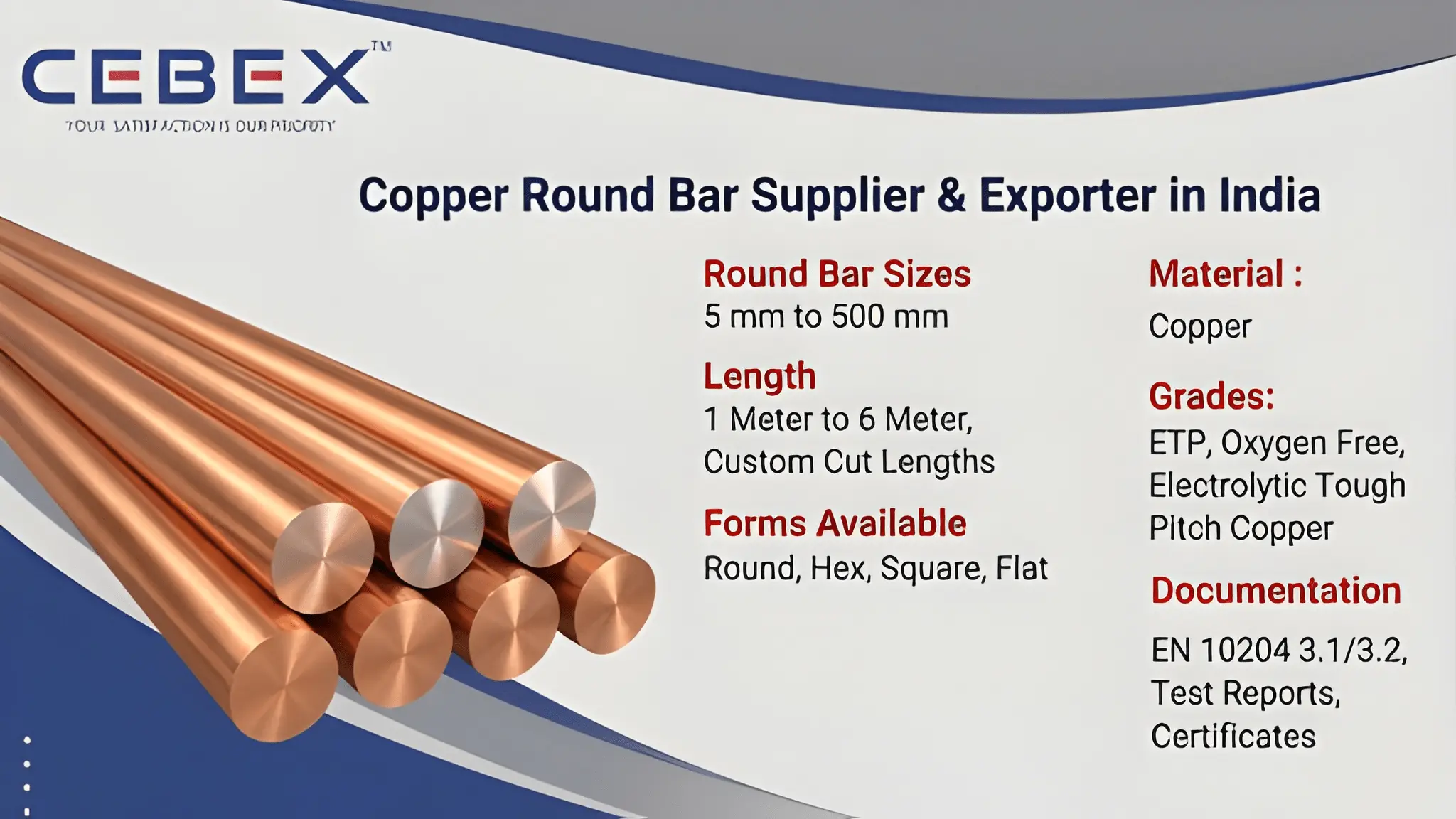 Copper Round Bar Supplier & Exporter in India &ndash; ASTM B187 ETP Copper, Oxygen Free Copper | Cebex Steel India