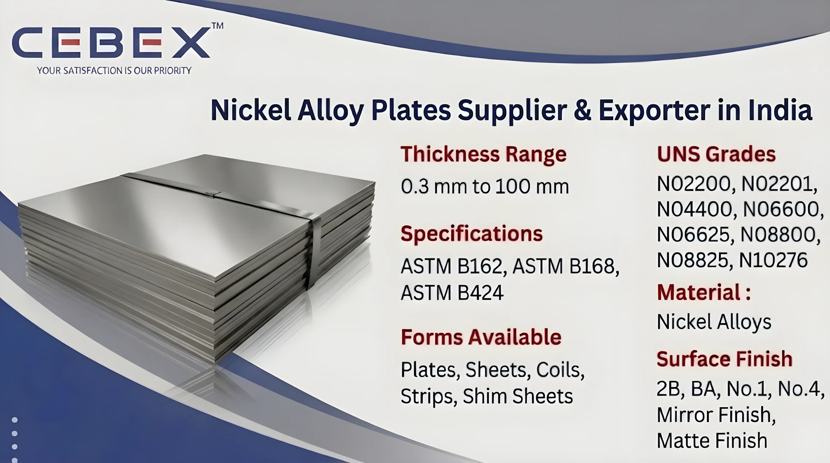 Nickel Alloy Plates Supplier & Exporter in India &ndash; ASTM B162, B168, B424 Alloy 200, Inconel 625, Hastelloy C276 | Cebex Steel India