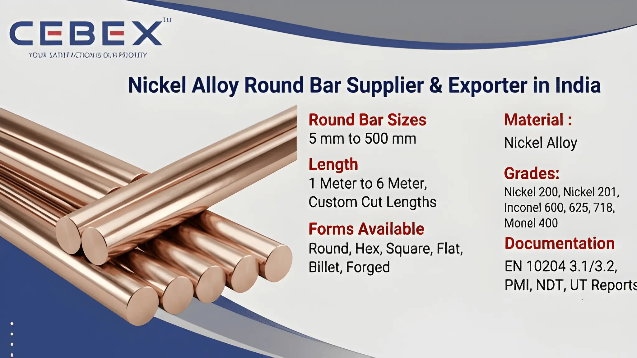 Nickel Alloy Round Bar Supplier & Exporter in India &ndash; ASTM B160 Nickel 200, 201 | Cebex Steel India