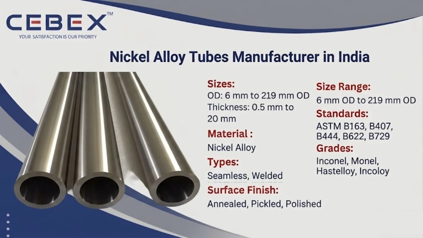 Nickel Alloy Tube Manufacturer in India &ndash; ASTM B163, B407, B444 | Cebex Steel India