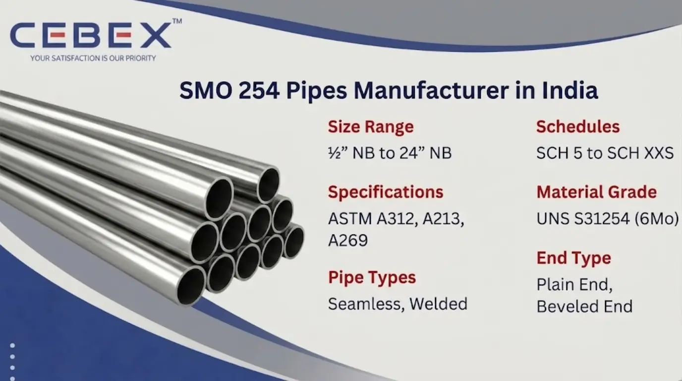SMO 254 Pipe Manufacturer in India &ndash; UNS S31254 6Mo Pipes | Cebex Steel India