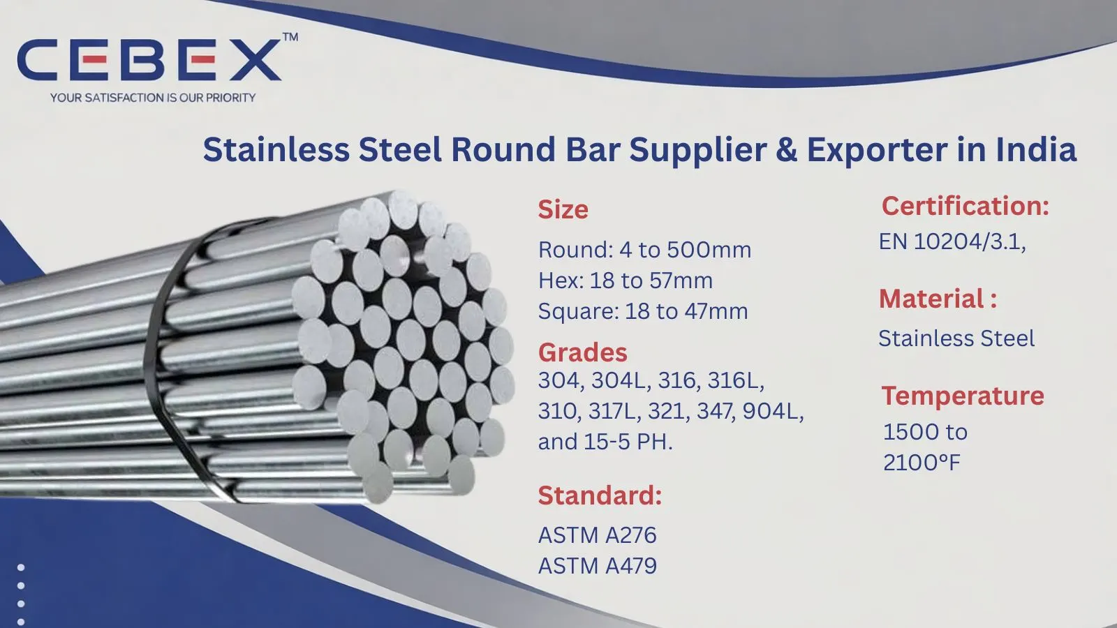 Stainless Steel Round Bar Supplier & Exporter in India &ndash; ASTM A276 Grades 304, 316, 321 | Cebex Steel India