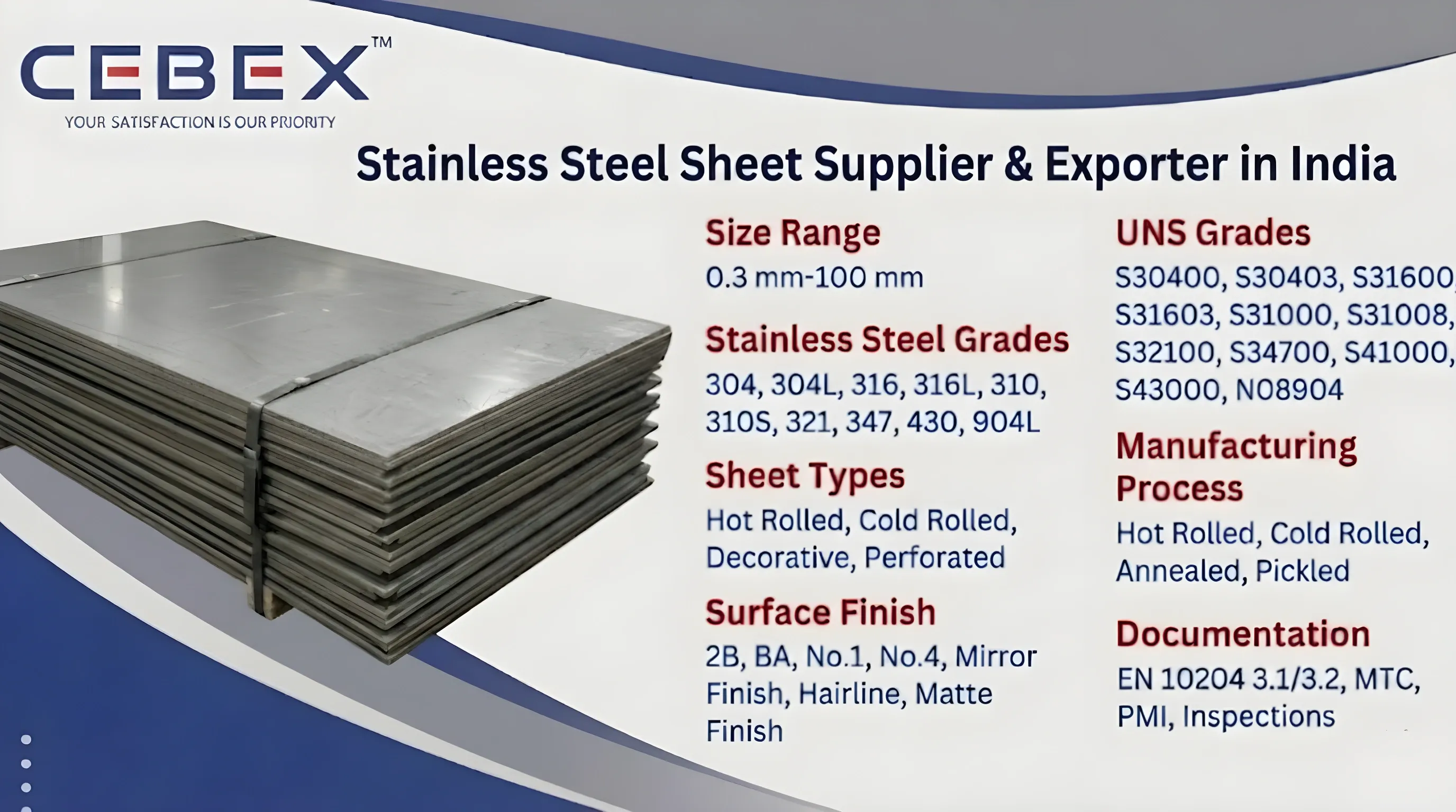 Stainless Steel Sheet Supplier & Exporter in India &ndash; ASTM A240 SS 304, 316, 316L Sheets | Cebex Steel India