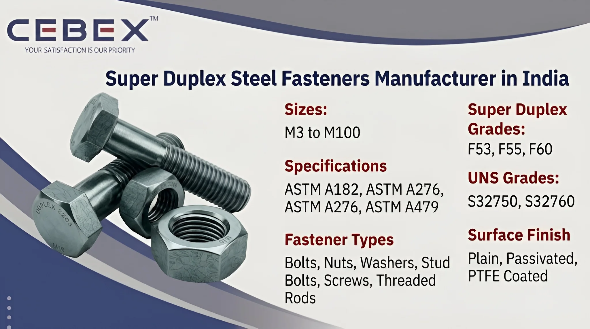 Super Duplex Fasteners Manufacturer in India &ndash; ASTM A182 F53, F55, F60 Bolts, Nuts & Stud Bolts | Cebex Steel India
