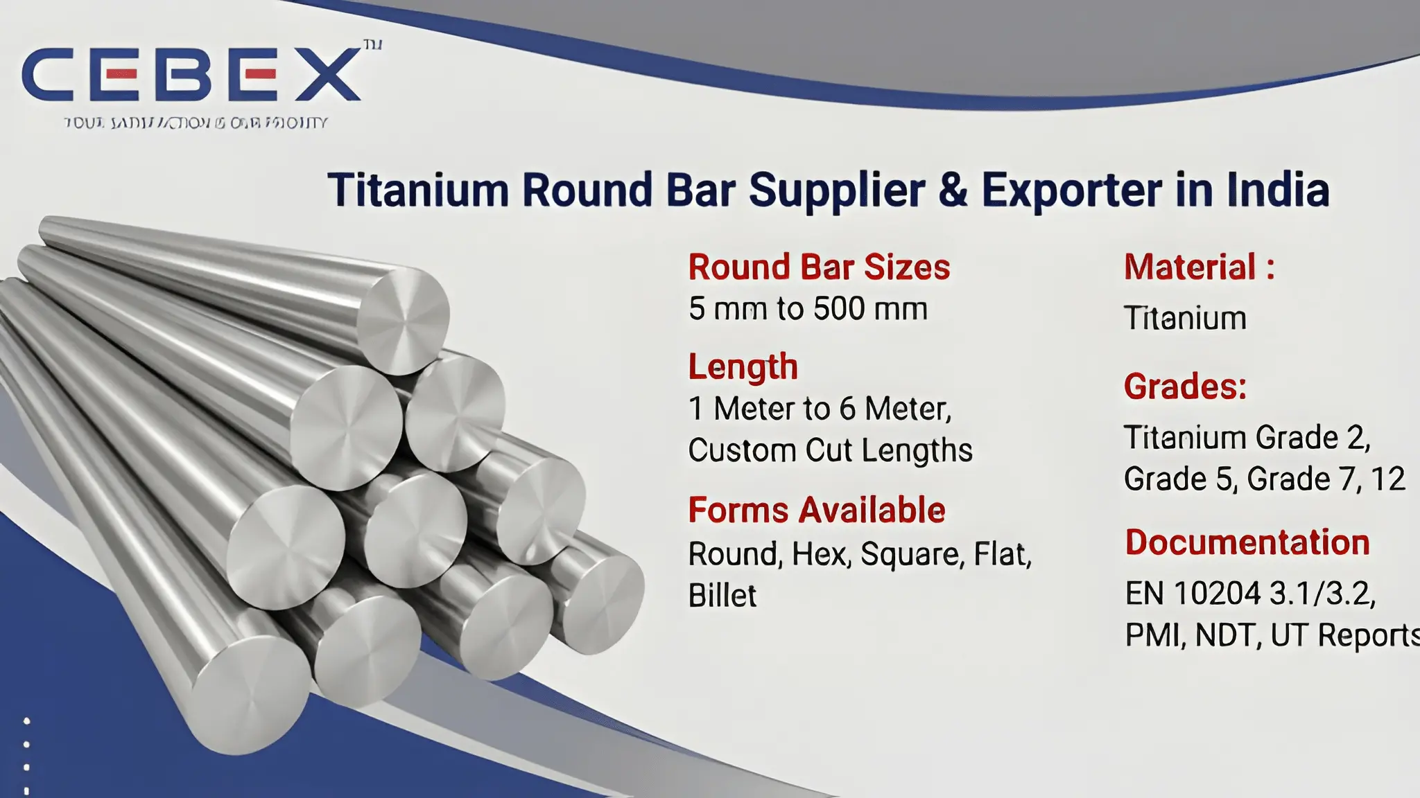 Titanium Round Bar Supplier & Exporter in India &ndash; ASTM B348 Grade 2, Grade 5 | Cebex Steel India